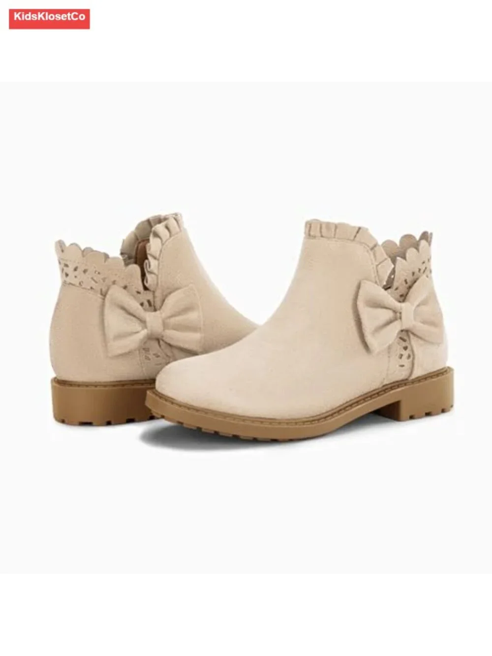 Girls Ruffled Bow Ankle Boots Chunky Heel Side Zip Faux Suede Dress Booties